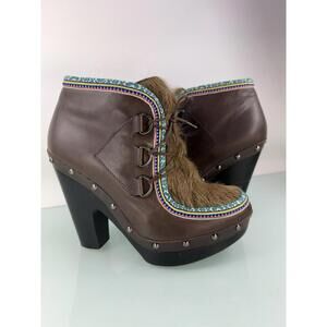 Sigerson Morrison Eskimo Brown Leather Fur Platform Heels Size 7 Boho Luxe Indie